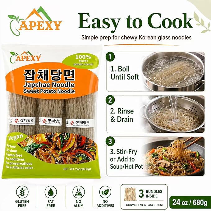 APEXY Sweet Potato Glass Noodles, Japchae Noodles, Korean Vermicelli Pasta, Fat-free and Gluten-free, 100% Sweet Potato Starch, No Additive, No Alum inside, 24oz (680g)
