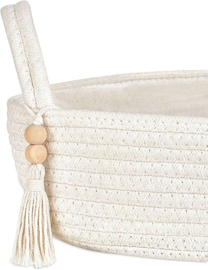 Mkono Toilet Paper Basket, Boho Bathroom Decor, Small Storage Organizer | White, 15.7"L x 6"W, Back of Toilet Basket, Decorative Woven Tray with Handles, Space-Saving, Living Room Bedroom, 1 Pack