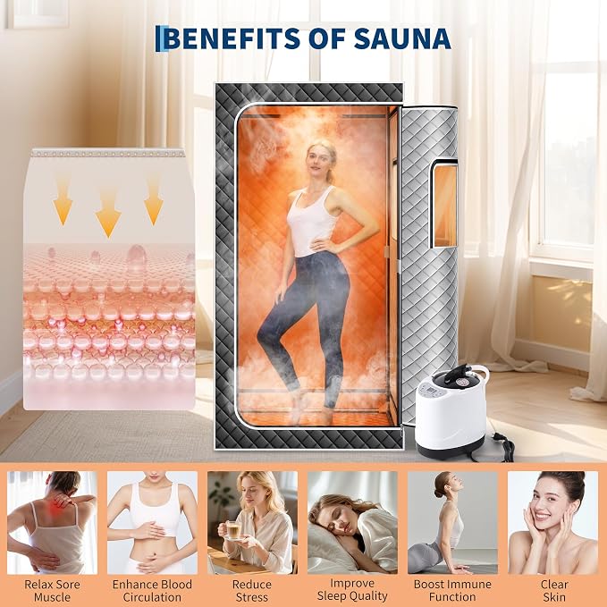 Portable Steam Sauna Box with 3L Steamer, 5-Layer Waterproof and Thermal Insulation, Folding Chair, for Home Steam Spa, Indoor & Outdoor(Black)