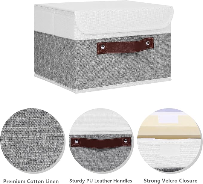 ANMINY Fabric Storage Box Bins with Lids, Gray White, 10"x8"x7", 2 Pack | Keepsake Memory Storage, Cotton Linen, PP Board Reinforced, Washable, PU Handles, Foldable & Stackable, Decorative, Small