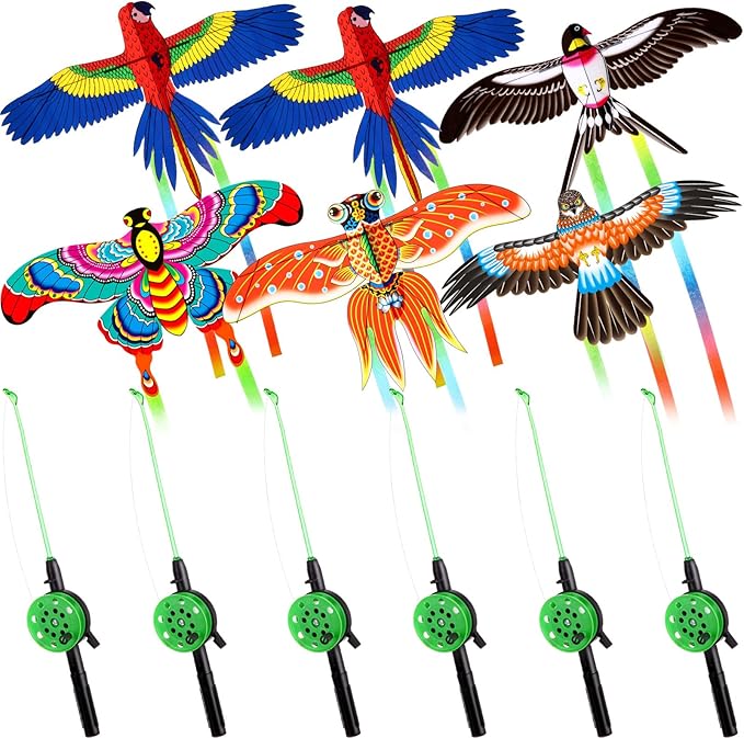 Simgoing 6 Pcs Large Fishing Rod Kite for Kid Adults, 23.62 Inch Vivid Butterfly Kite Bulk, Easy to Fly, Swallow Parrot Goldfish Phoenix Kites for Adults Family in Spring Outdoor Beach Team Building