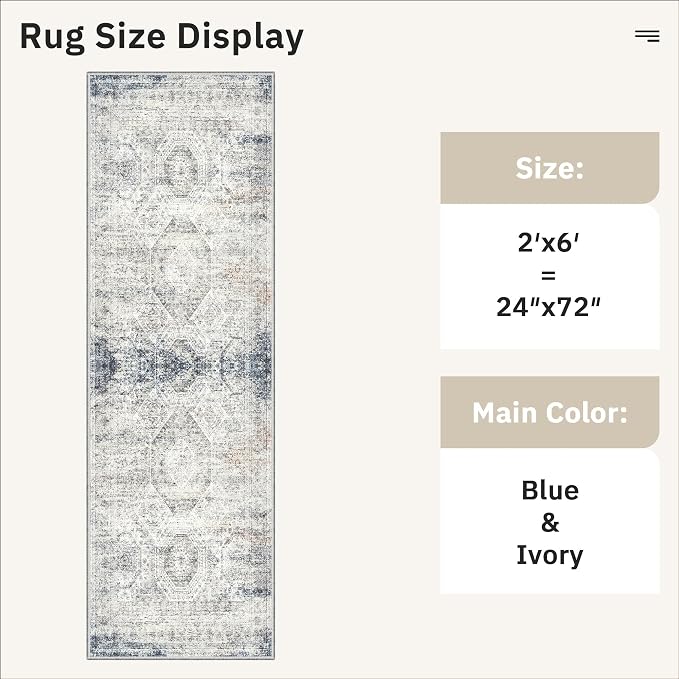 Soalmost Runner Rug 2x6 Washable Kitchen Hallway Runners Blue/Ivory | Non-Slip Low-Pile Rugs for Entry Bathroom Laundry Room, Vintage Foldable Floor Carpet Mat Entryway for Corridor Bedroom