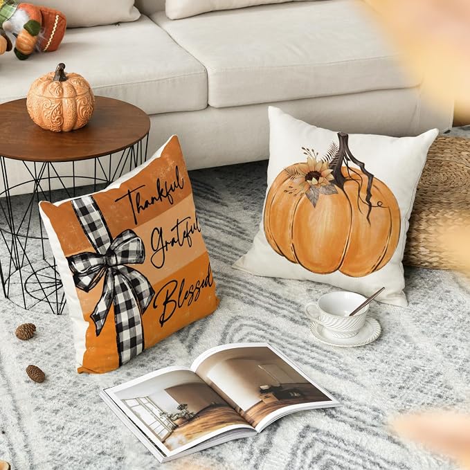 AVOIN colorlife Fall Pumpkin Home Sweet Home Throw Pillow Covers, 16 x 16 Inch Autumn Thankful Grateful Blessed Harvest Floral Orange Decorations for Sofa Couch Set of 4