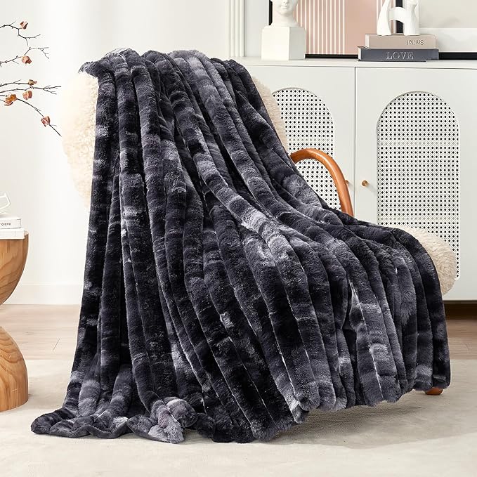 Cozy Bliss Faux Fur Throw Blanket for Couch, Cozy Warm Plush Striped Blanket for Sofa Bedroom Living Room, 60 * 80 Inches Tie-dye Black
