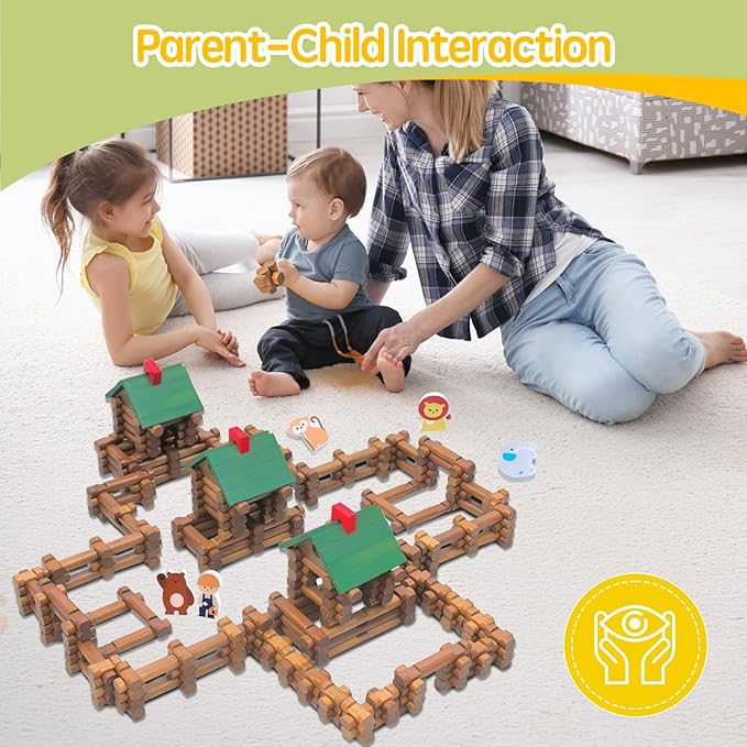 340 Pieces Wooden Log Cabin Ages 3+ Preschool Education Toy Building Log Gift for Boy/Girl Creative Construction Engineering Real Wood Logs (340PCS)