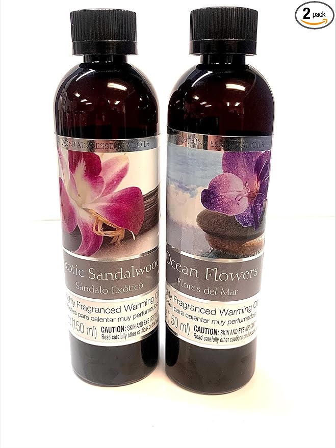 Hosley Set of 2 Assorted Fragrance Warming Oils 5oz Each-Exotic Sandalwood & Ocean Flowers. Ideal for Spa Meditation Bathroom Wellness Gift