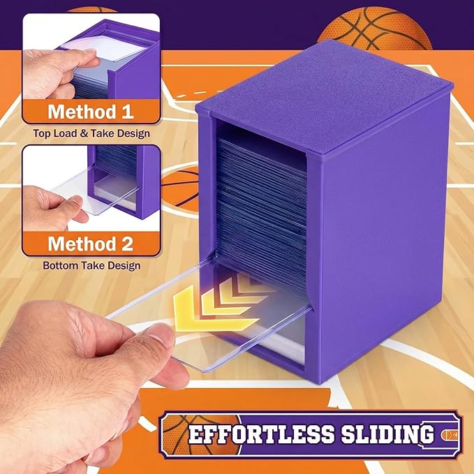 Toploader Dispenser & Penny Sleeve Holder - Dual Compartment Holds 250 Penny Sleeves & up to 50 Top Loaders, Stackable Card Storage Box with Dustproof Lid (Purple)