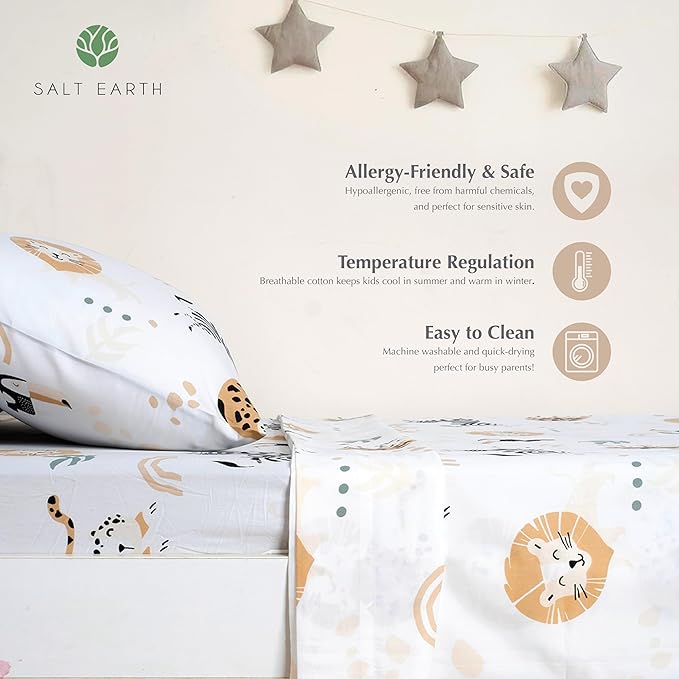 100% Cotton 210TC Salt Earth Kids Bedsheet,Twin Sheets Set for Toddler bed, 3 Piece Bedding Set Including Flat Sheet, Fitted Sheet, and Pillowcase, Themed Sheets for a Playful Kids Bed (Jungle Safari)