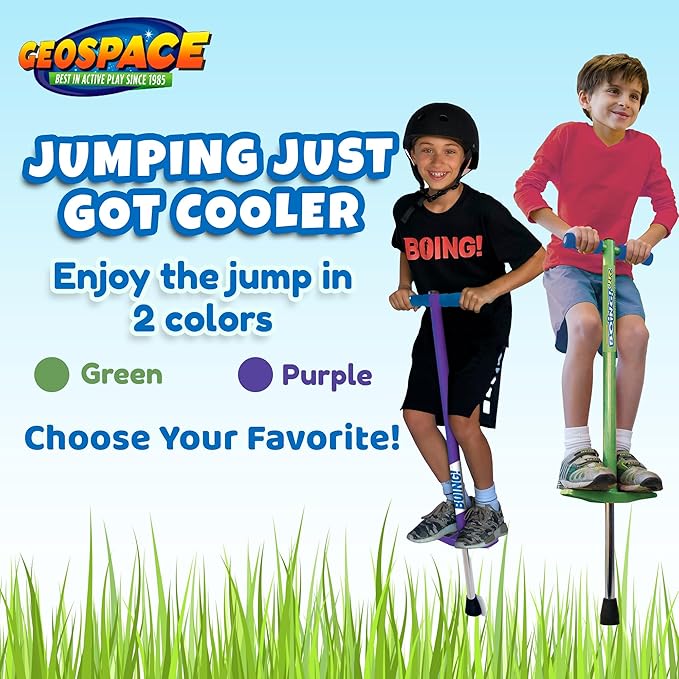 Geospace Jumparoo BOING! JR. Steel POGO STICK by Air Kicks, Small for Kids 50 to 90 Lbs - Active Play Outdoor Fun that Promotes Exercise & Balance Skills (Green)
