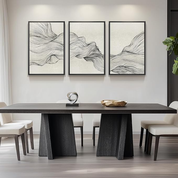 Large Framed Black and Beige Neutral Abstract Wall Art for Living Room, 3 Piece Modern Canvas Prints Paintings Artwork for Walls, Minimalist Lines Pictures for Hallway Stair Office Wall Decor 24x36 In