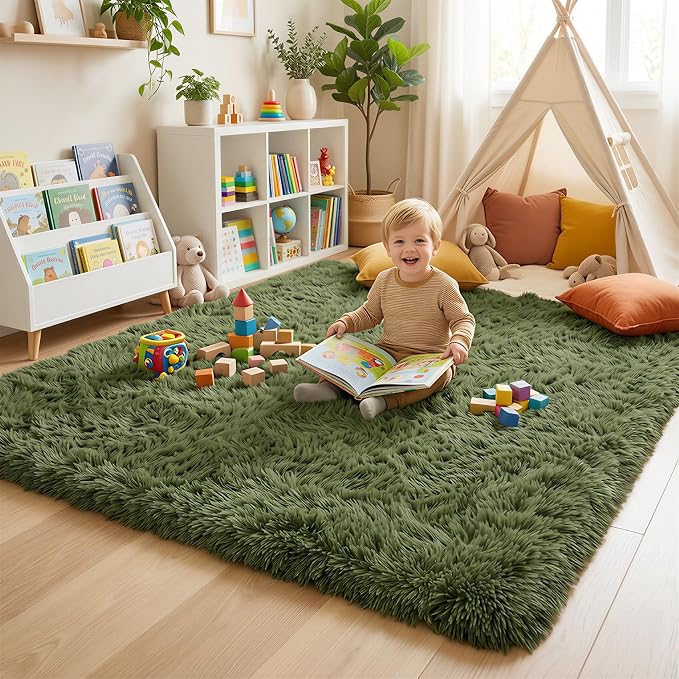 Amdrebio Olive Green Area Rugs for Bedroom Living Room, 6x9 Large Fluffy Plush Shaggy Rugs for Girls Boys Kids Room Decor, Soft Fuzzy Furry Modern Cool Carpet for Classroom Nursery Playroom Apartment