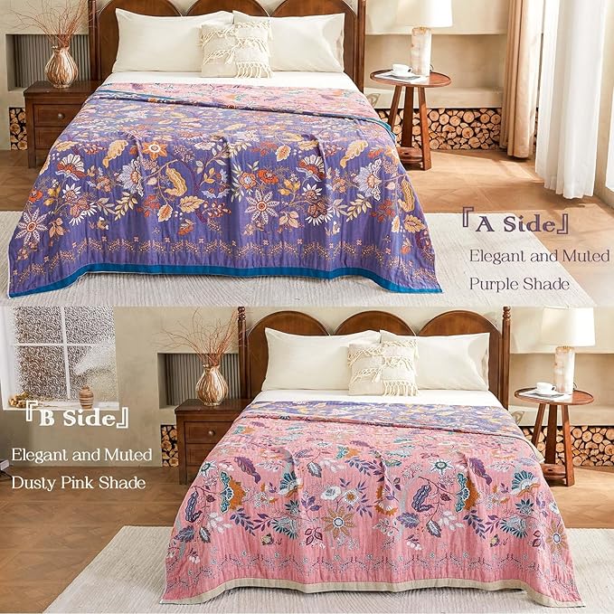 XIBLC Boho Blanket, 100% Cotton Farmhouse Decorative Throw Blanket, 90"x98" Reversible Bohemian Throw Blanket, Purple All Season Muslin Breathable Woven Blankets Quilt