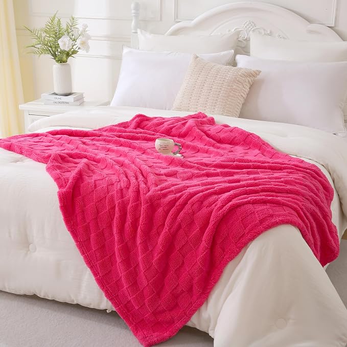 Hot Pink Fleece Throw Blanket 50”×60”Checkered Design for Couch | Super Soft Cozy Plush Microfiber 3D Square Pattern Flannel Blanket for Sofa Bed Lightweight for Adults,Women