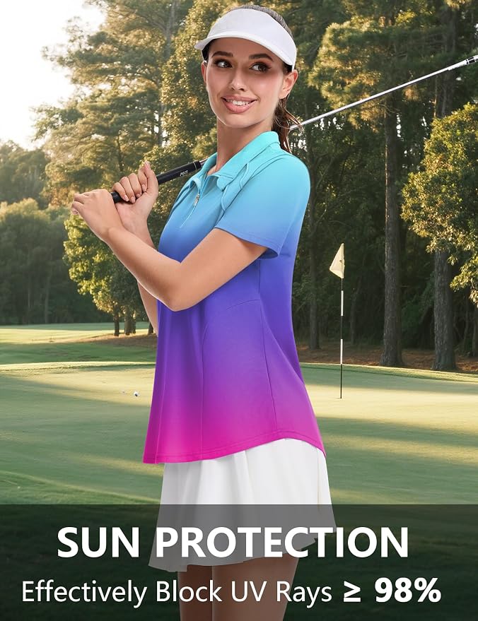 LOMON Womens Golf Polo Shirt Summer Short Sleeve Quarter Zip Outfit | Side-Pockets,Princess Seams,Cotton,Wrinkle Free,Moisture Wicking,Quick-Dry,Lightweight,Collared,for Tennis Workout