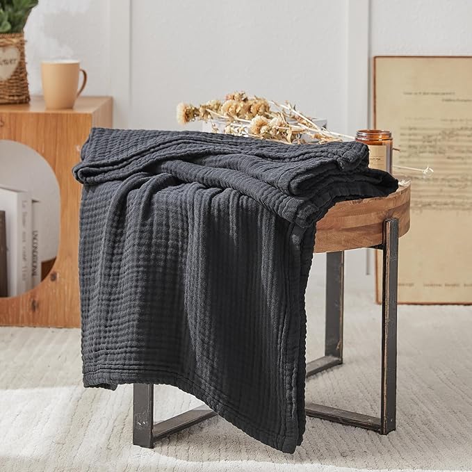 EMME Muslin Blankets for Adults Throw Blanket for Couch Breathable Gauze Soft Lightweight Airy Black Throw 50" x 60"