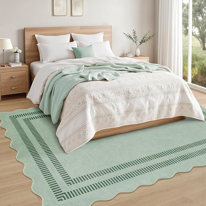 Scalloped Rug 5x7, Green Rugs for Living Room Ultra-Thin, Washable Area Rug Soft Rugs Non-Slip Throw Carpet for Bedroom ‎Dining Room Playroom