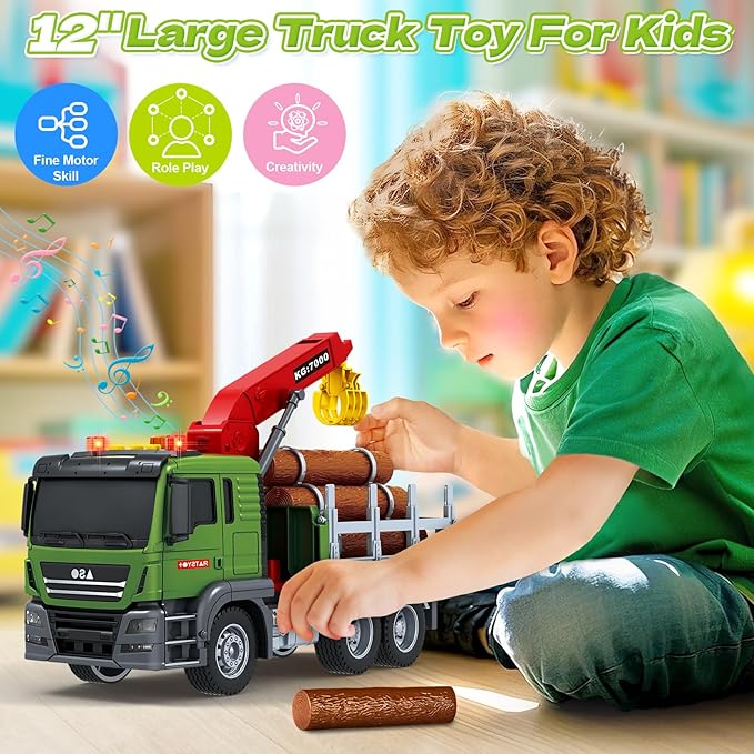 SpringFlower Boy Truck Toys, 3 4 5 6 Years Old Farm Truck Vehicle, Timber Toy with Loading Crane & Lights & Sounds, 3 4 5 6 Kids Toddles Birthday for Boys Girls