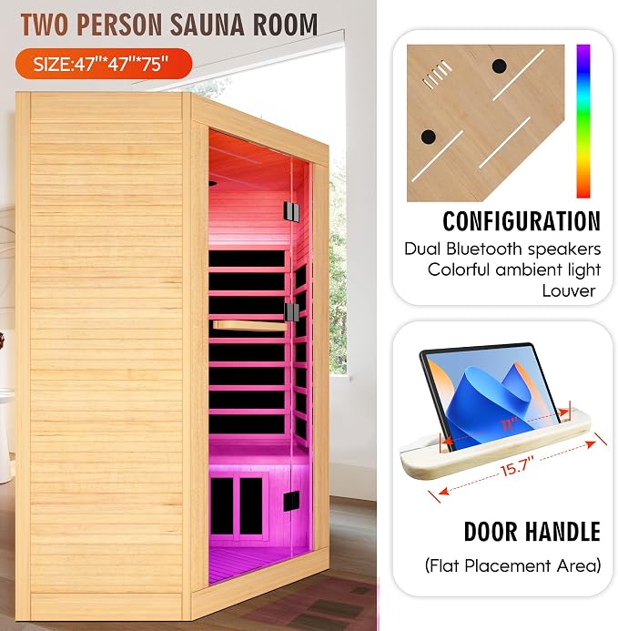 Corner Sauna for 2-3 Person Far Infrared Saunas Room Home Canadian Hemlock Indoor 2180W Low-EMF Dry Saunas with 7 Color Therapy 47.2 * 47.2 * 74.8inch
