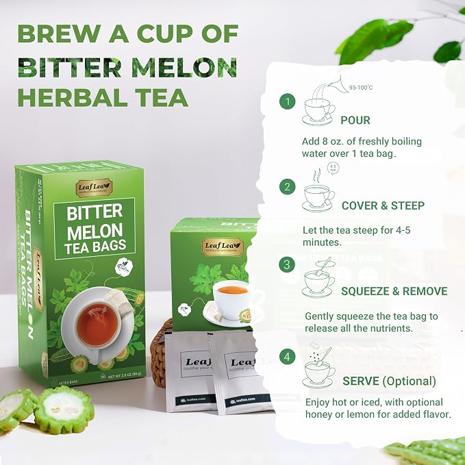 LeafLea Bitter Melon Tea Bags, Ampalaya Bitter Gourd Tea, 80 Count | Natural Tra Kho Qua Herbal Fruit Tea, Caffeine-Free, Sugar-Free, Vegan, 2 Boxes, Keep One & Share One