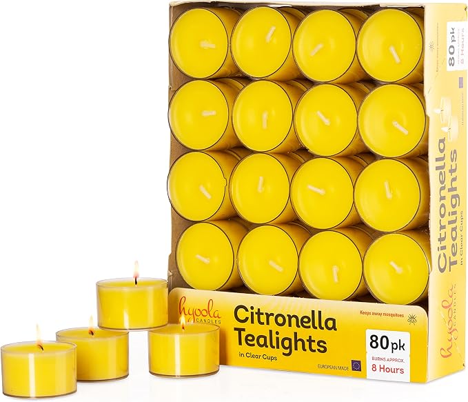 Hyoola Tealight Citronella Candles Outdoor, 8 Hour Burn Time - Indoor and Outdoor Mosquito, Insect and Bug Repellent Citronella Candle, Natural Fresh Scent, Decorative in Clear Cup (Pack of 80)