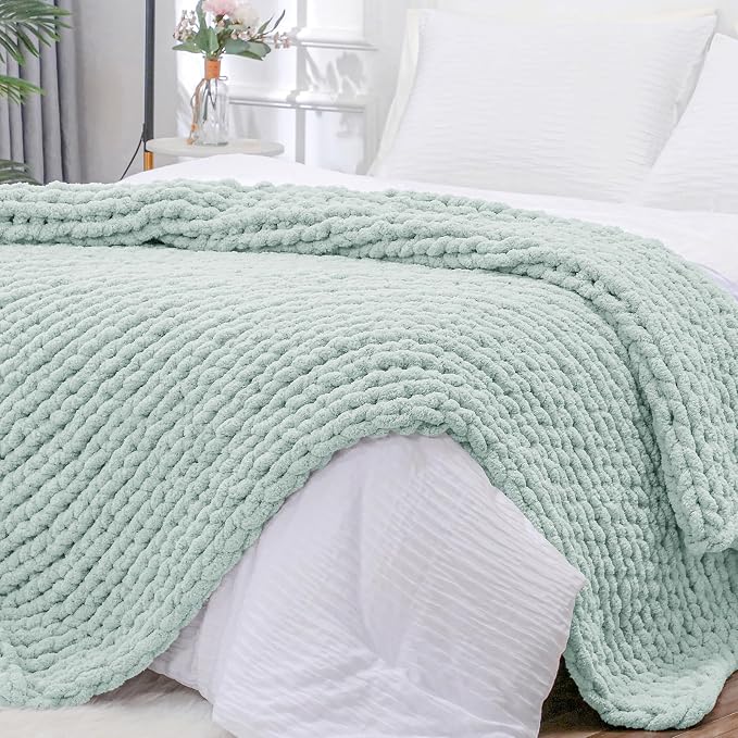 Bigacogo Chunky Knit Throw Blanket for Couch, 51x63 inches, Mint | Hand Knit with Jumbo Chenille, Soft Breathable Cable Knit for Sofa Bed Living Room, Machine Washable, Gift for Mom Friend