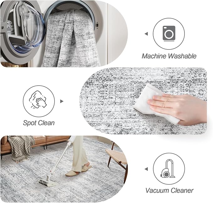 Soalmost 6x6 Grey Round Rug 6ft Circle Living Room Area Rugs Non-Slip | Washable Vintage Indoor Carpet for Dining Bedroom, Low Pile Stain Resistant Foldable Floor Mat Entryway Home Office Decor