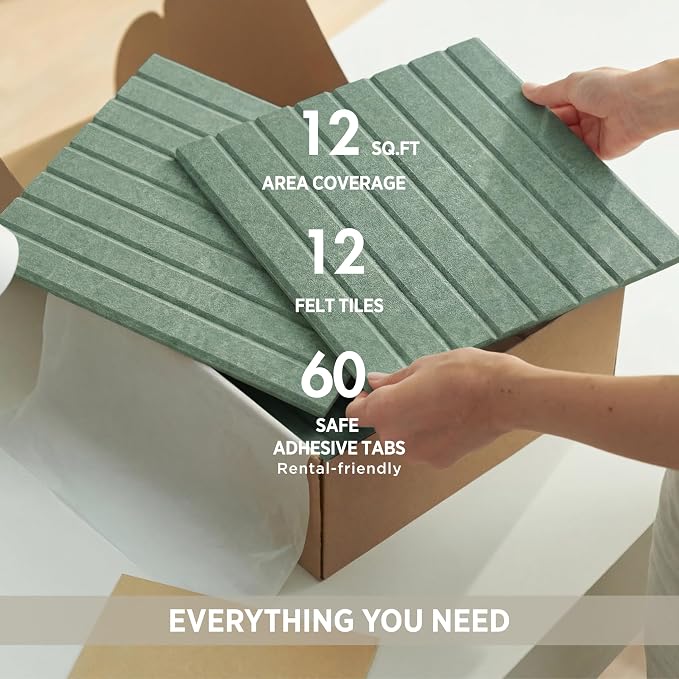 Felt Bulletin Board Tiles 48"x36" - 12-Pack Cork Board Alternative, OEKO-TEX Certified, NRC 0.95 Acoustic Felt Wall Panels, Damage-Free Adhesive, Slatted Design, Home Office & Classroom (Palm)