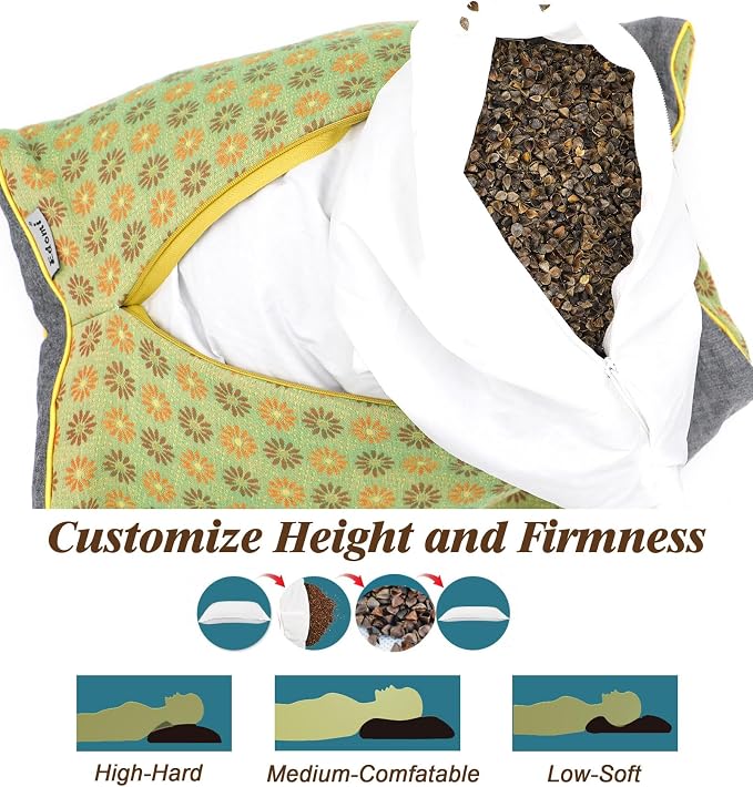 Buckwheat Pillow Cube for Side Sleepers, Pain Relief for Neck Support Adjustable Cervical Pillows, Included Floral Pattern Square Pillow (18x10 Inch, Lemon Yellow)