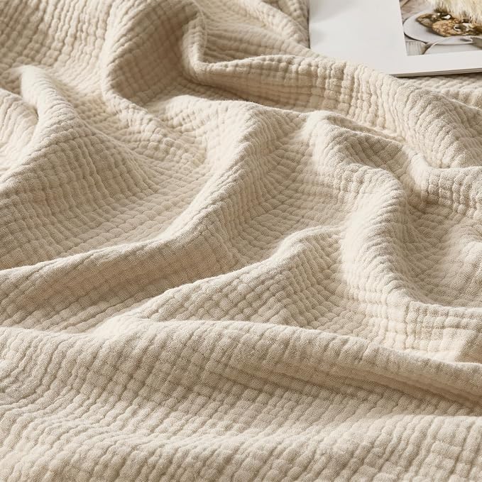 WDCOZY 100% Cotton Muslin Blanket Queen Size 4-Layer for Bed Breathable Lightweight Soft Large Boho Farmhouse Linen Tassels Ruffle Gauze Blankets All Season for Adults 90x90 Inches Beige Tan Neutral