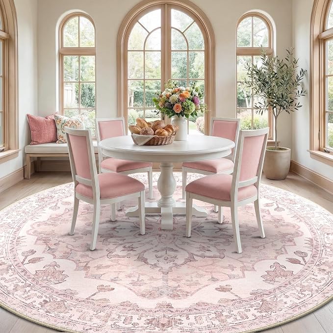 RELEANY Area Rugs Round 10ft Washable Non-Slip, Floral Vintage Distress Medallion Carpet for Living Room Bedroom Dining Room, Pink Greypink Cute
