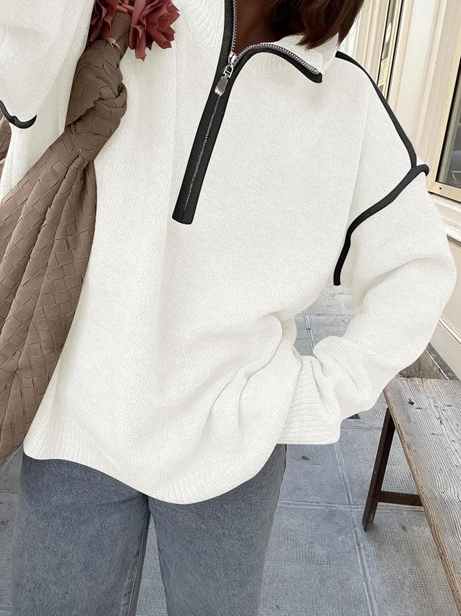 ANRABESS Womens Quarter Zip Sweaters Fall Long Sleeve V Neck Shirts Collared Business Casual Tops Knit Pullover Sweatshirts