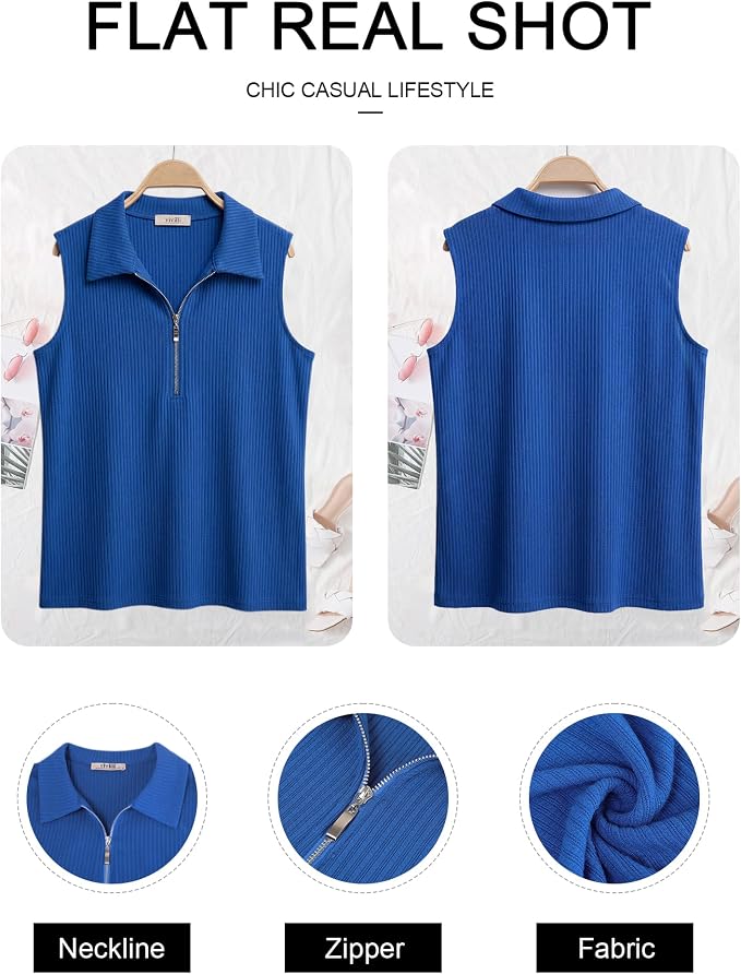 Vivilli Womens Ribbed Tank Top Zipper V Neck Dressy Casual Blouses Sleeveless Camisole Tops Work Tank Polo Shirts