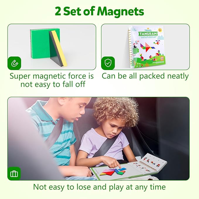 Travel Tangram Puzzle - Magnetic Puzzle Book for Road Trips, STEM Jigsaw Game with 2 Tangram Sets, Patterns Solutions - Brain Teaser IQ Toy for Kids and Adults, Ideal Educational Gift (368)