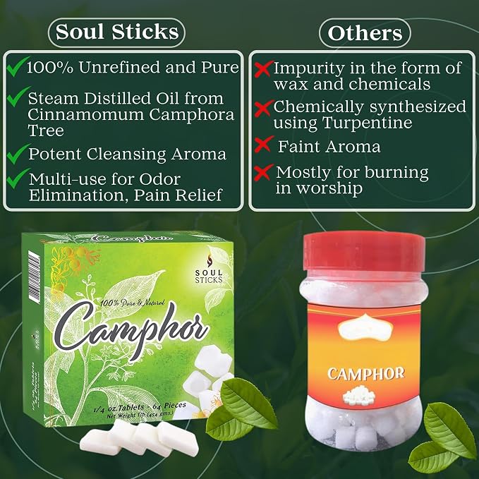 SOUL STICKS Natural Camphor Blocks,Pure Camphor Tablets for Aromatherapy & Puja - Alcanfor en Bloques, Alcanfor en Bolitas, Kapoor for Pooja (450 Grams (64 Tablets))