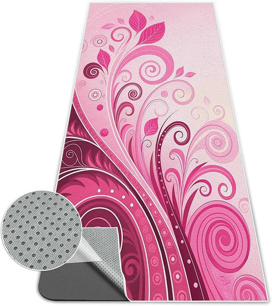 Hot Yoga Towel Non Slip, Ultra-Absorbent Yoga Mat Towel, Soft with Printed Design, Machine Washable, Yoga Pilates Towel Suitable for Exercise, Pilates, Yoga, 72x27in,Pink Plants