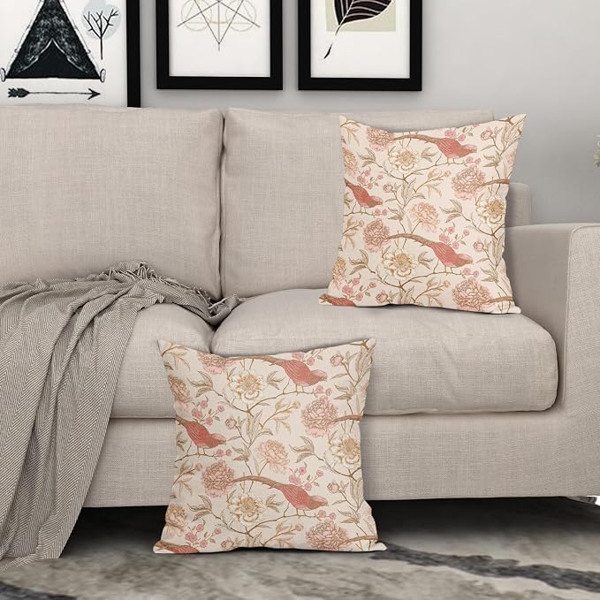 Pink White Roses Floral Pillow Covers 20X20 Inch Set of 2 Retro Flowers Birds Leaves Decorative Pillow Cases Art Vintage Cotton Linen Cushion Case Retro Home Decor for Sofa Couch Porch Outdoor