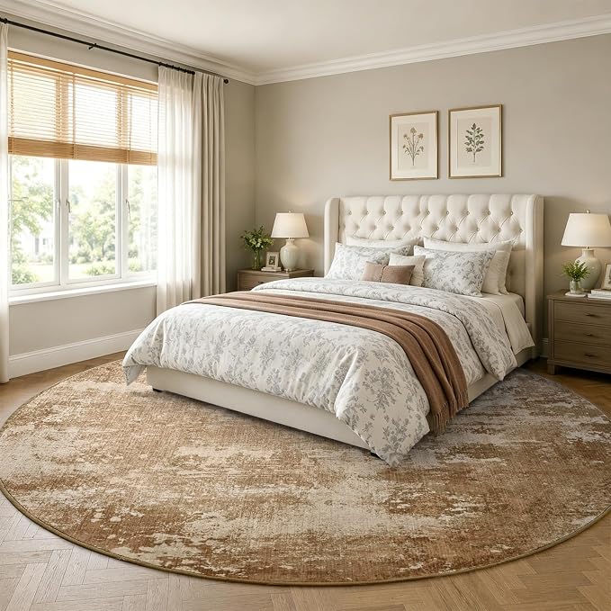 6Ft Round Area Rugs for Living Room, Soft Non-Slip Washable Rugs Modern Abstract Pattern Carpet for Bedroom Indoor Floor Nursery Home Decor (Brown)