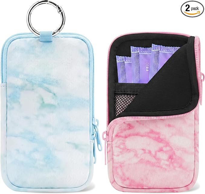 2 Pack Portable Tampon Holder Zippered Pouch with Snap Hook, Waterproof Travel-Friendly Discreet Period Bag, Feminine Products Organizer for Women Purse (Marble)