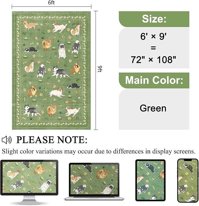 DUKINO 6x9 Washable Dog Area Rug for Living Room Non Slip, Green | Non-Shedding, Stain Resistant, Soft Animal Carpet for Bedroom Kids Playroom Nursery Dining Room Farmhouse, Pet & Kid Friendly
