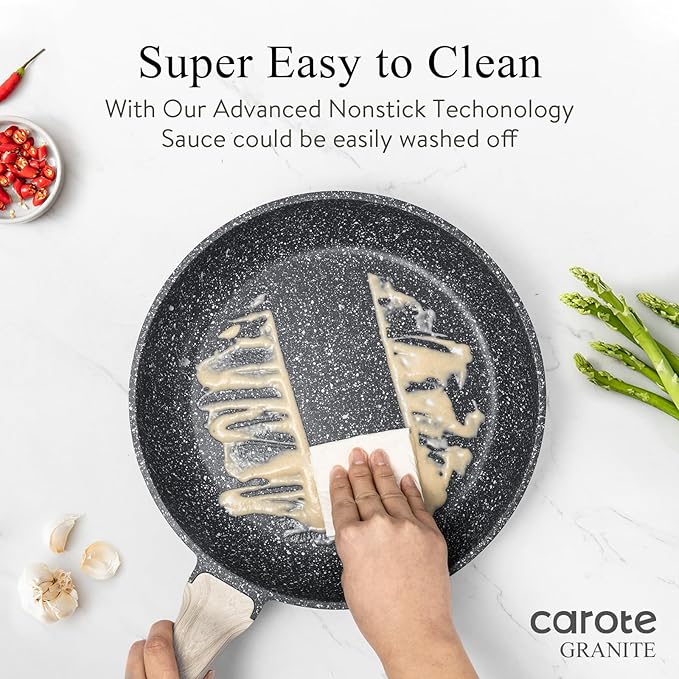 CAROTE10 inch Non Stick Black Frying Pan Skillet, PFOA-Free | Healthy Non Toxic Granite Kitchen Cookware, All Stovetops Compatible Skillet with Heat-Resistant Handle