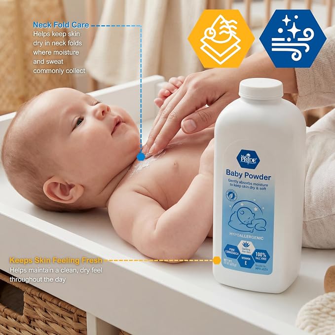 MED PRIDE Baby Powder Talc Free Cornstarch Formula with Aloe Vera and Vitamin E, Hypoallergenic Skin Care for Diaper Changes and Daily Use, 22 Ounce Bottle