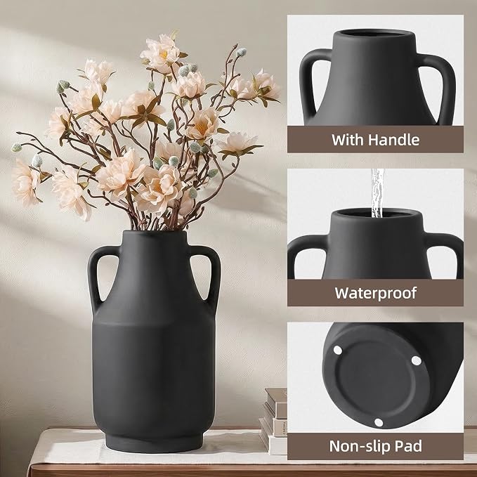 Ceramic Flower Vase with Handles, 11 Inch Tall Rustic Vase, Large Terracotta Pottery Vase for Home Decor, Farmhouse Decorative Vase for Living Room Kitchen Table Shelf Bedroom Decor