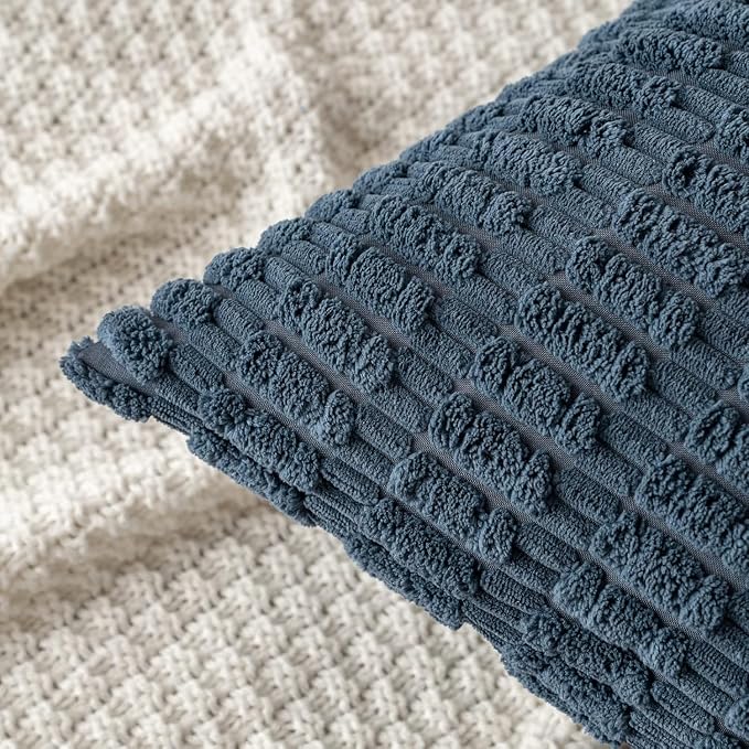 MIULEE Lumbar Corduroy Decorative Throw Pillow Covers 12x20 Blue Pack of 2 | Soft Boho Striped Pillow Covers Modern Farmhouse Coastal Home Decor For Sofa Living Room Couch Bed