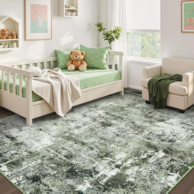 Rugflix 5x7 Area Rugs for Living Room, Washable Dark Green Large Rug | Machine Washable; Stain-Resistant; Low Pile; Non-Slip; Modern Abstract; Carpet for Bedroom Dining Office Nursery Home