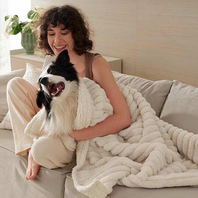 Bedsure ComfyFleece™ Waterproof Dog Blankets for Large Dogs - Soft Pet Cat Blanket Corduroy Fleece for Couch Bed Protector Washable, Cozy Calming Reversible Furniture Protection,50"x60", Cream
