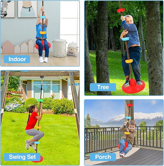 REDCAMP 2 Pack Climbing Rope Swings for Trees, Heavy Duty Plastic Disc Swing Seat for Kids with Hanging Strap and Snap Hooks, Red