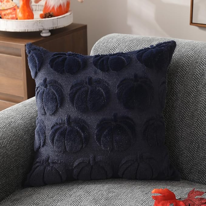 DFXSZ Fall Pillow Covers 20x20 2Pcs Navy Blue Pumpkin Fall Decorations | Fall decor Set of 2 Throw Pillow Cases Soft Plush Faux Fur Wool Couch Cushion for Chair Sofa Bedroom Living Room Home Decor