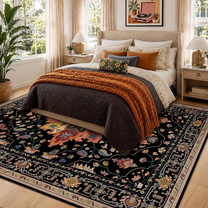 RELEANY Area Rugs 6'x9' Washable Non-Slip, Floral Vintage Distress Medallion Carpet for Living Room Bedroom Dining Room, Black Colorful Floral Dark Tan