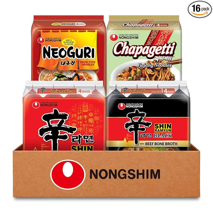 Nongshim Shin Ramyun, Shin Black, Neoguri, Chapagetti Korean Ramen, 16 Pack | Korean ramen variety pack with spicy beef, beef-bone, seafood and roasted black bean profiles