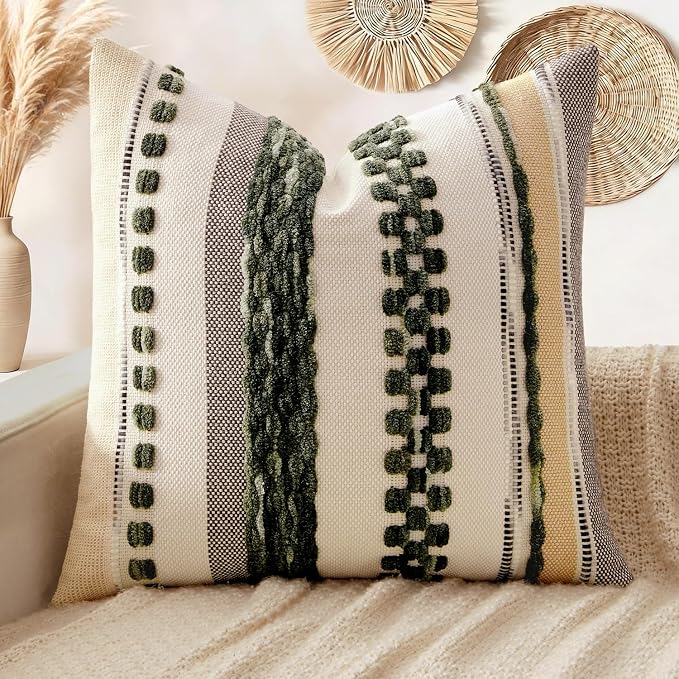 ANRODUO Boho Decorative Pillow Covers 18x18 Dark Green Stripe Pack of 1 | Throw Pillow Covers, Farmhouse Cushion Case, Chenille Pillow Cases, Pillow Covers, Accent Neutral Pillowcase for Sofa Couch